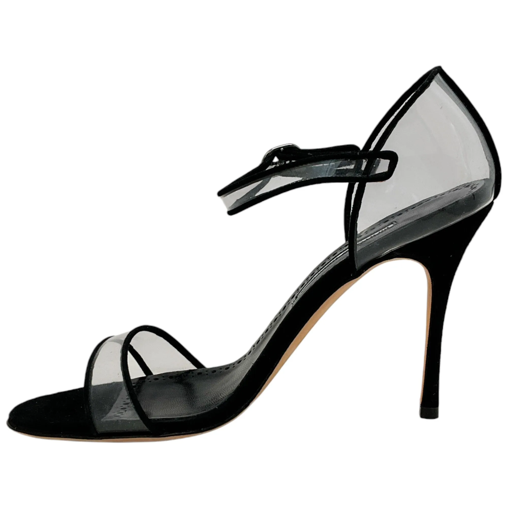 Manolo Blahnik Black Suede / PVC Fersen Sandals