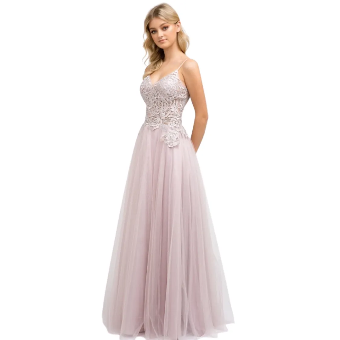 Mauve beaded bodice evening gown