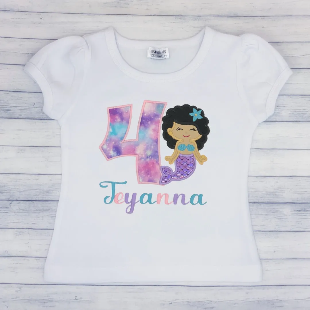 Mermaid w/ Curly Hair - Girls Birthday Shirt (age 1-9)