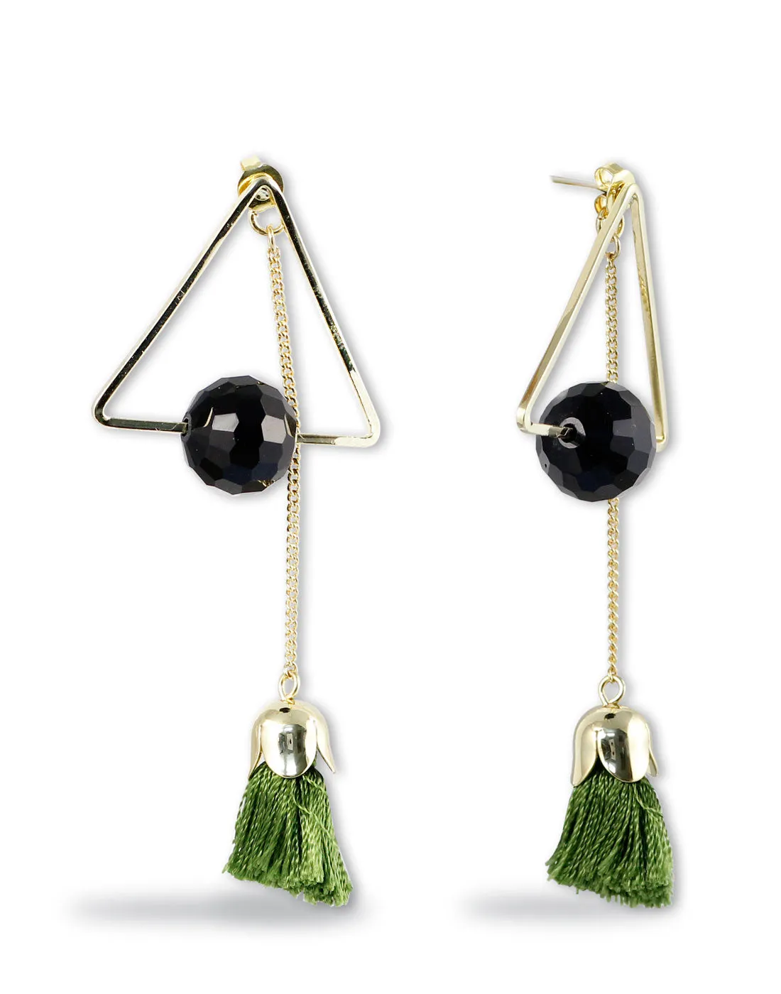 Metal Gold Geometrical Earrings adorned with green thread tassels