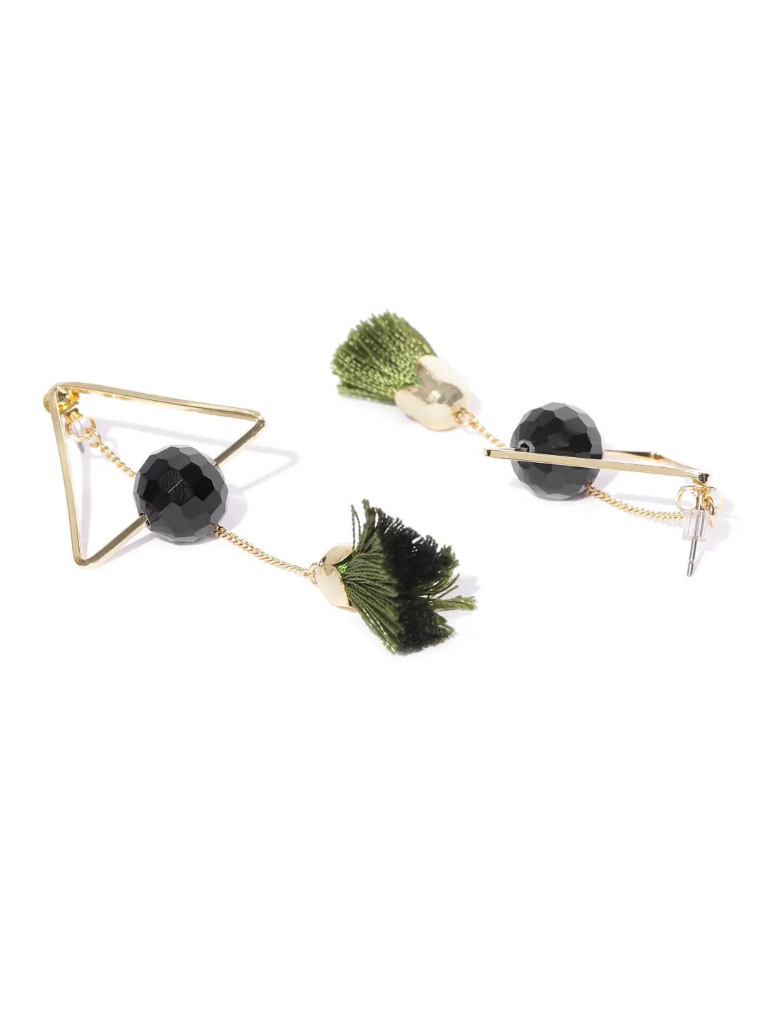 Metal Gold Geometrical Earrings adorned with green thread tassels