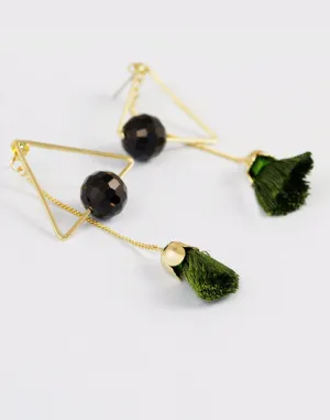 Metal Gold Geometrical Earrings adorned with green thread tassels