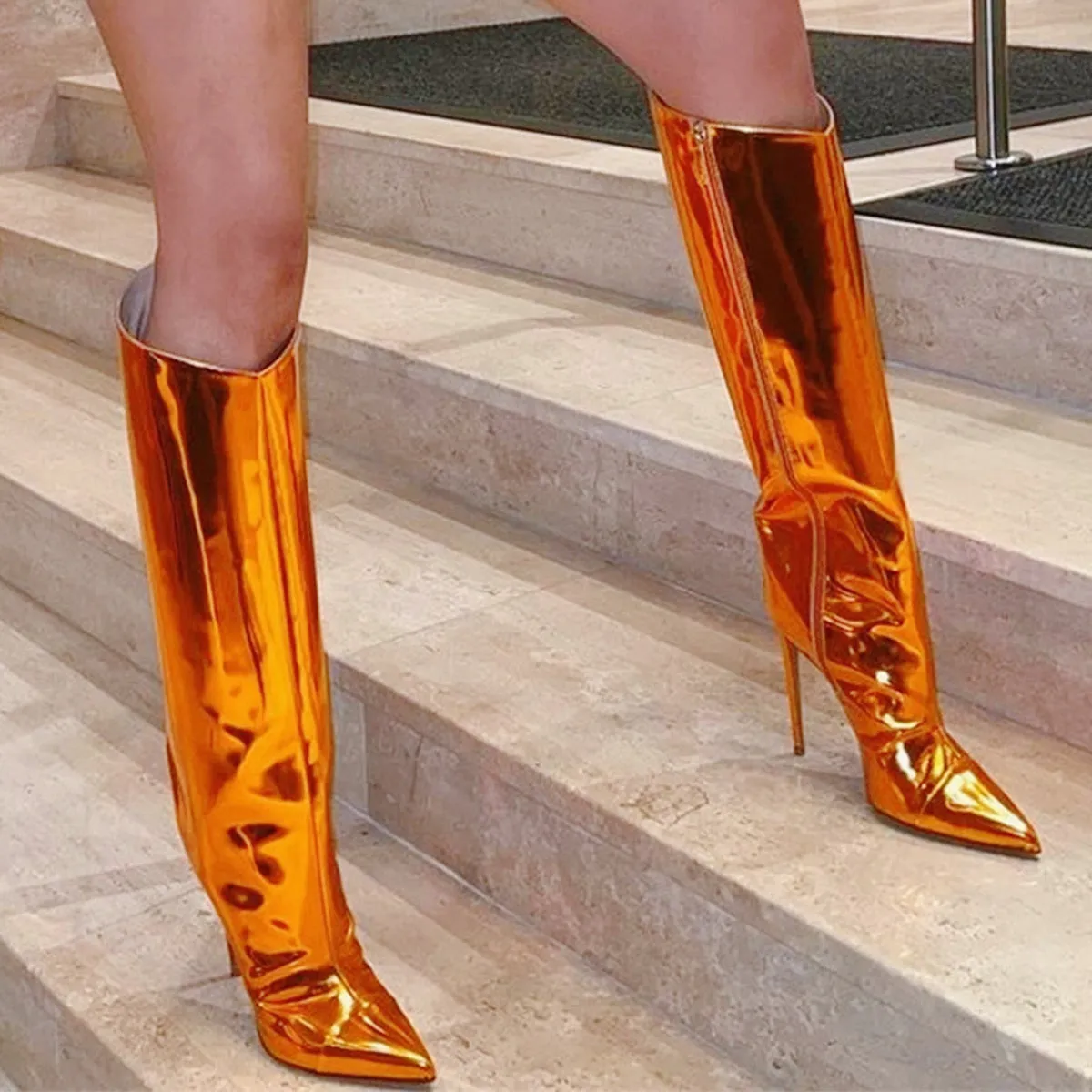 Metallic Leather Pointed Toe Knee-high Boots
