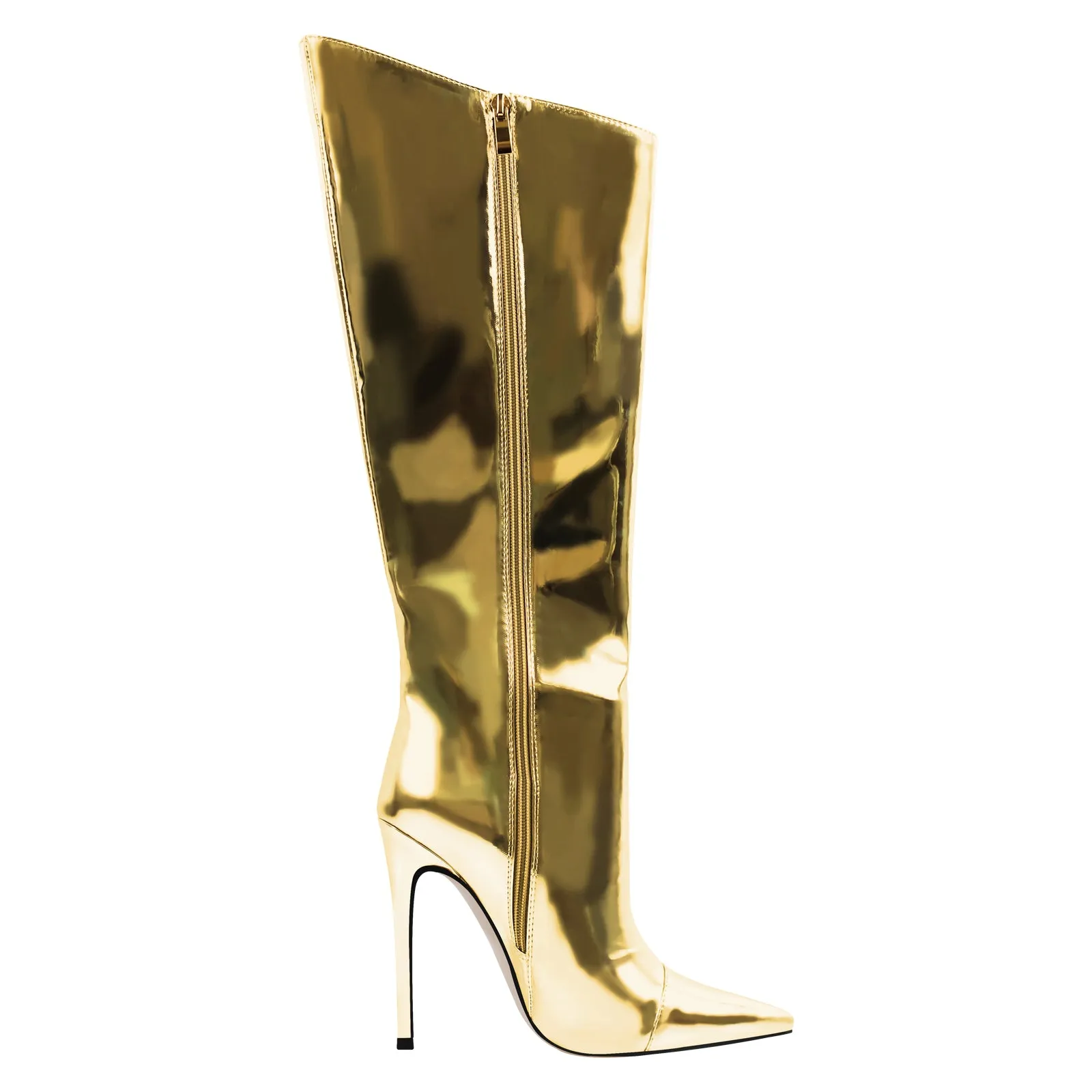 Metallic Leather Pointed Toe Knee-high Boots