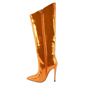 Metallic Leather Pointed Toe Knee-high Boots