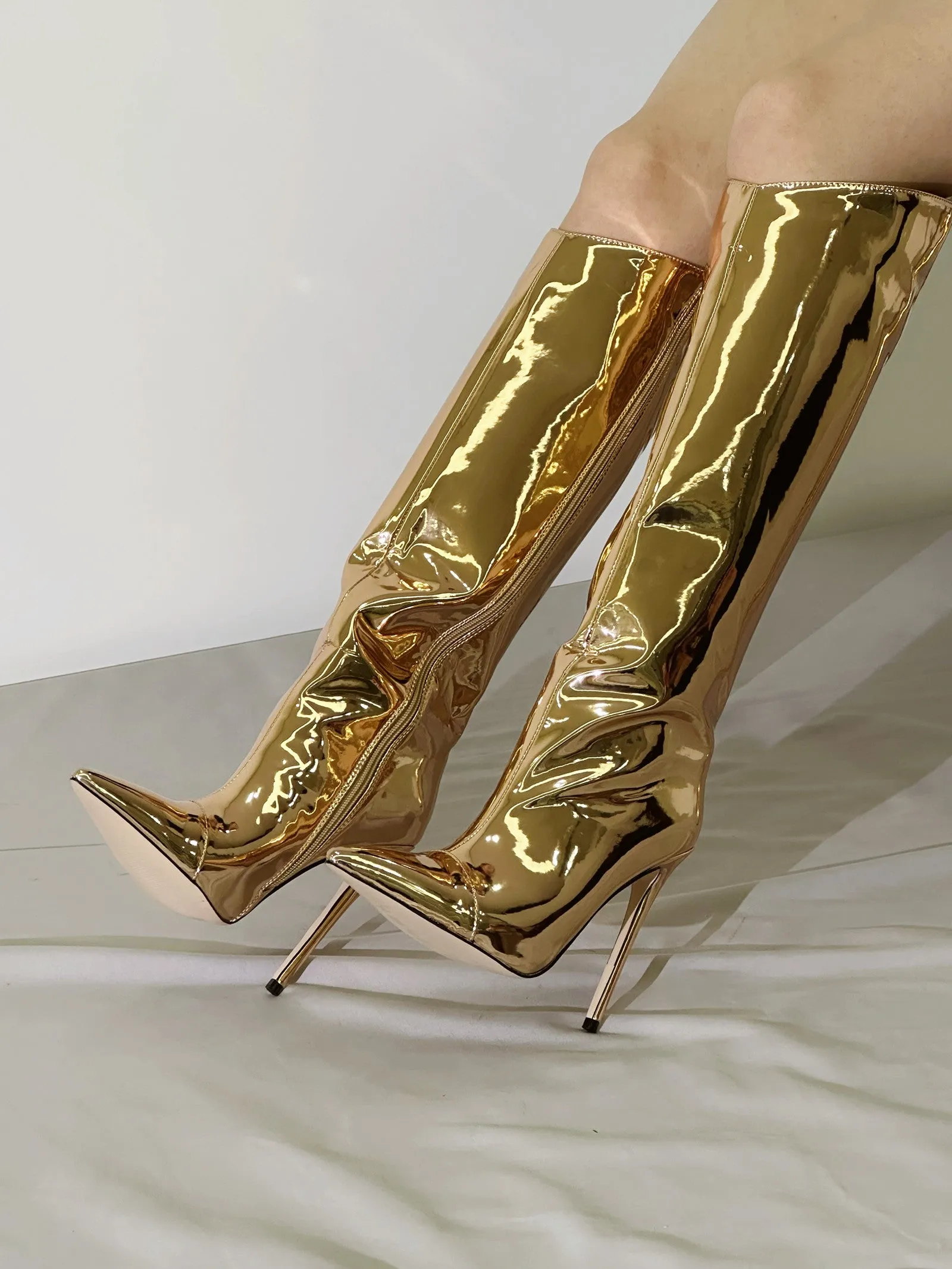 Metallic Leather Pointed Toe Knee-high Boots