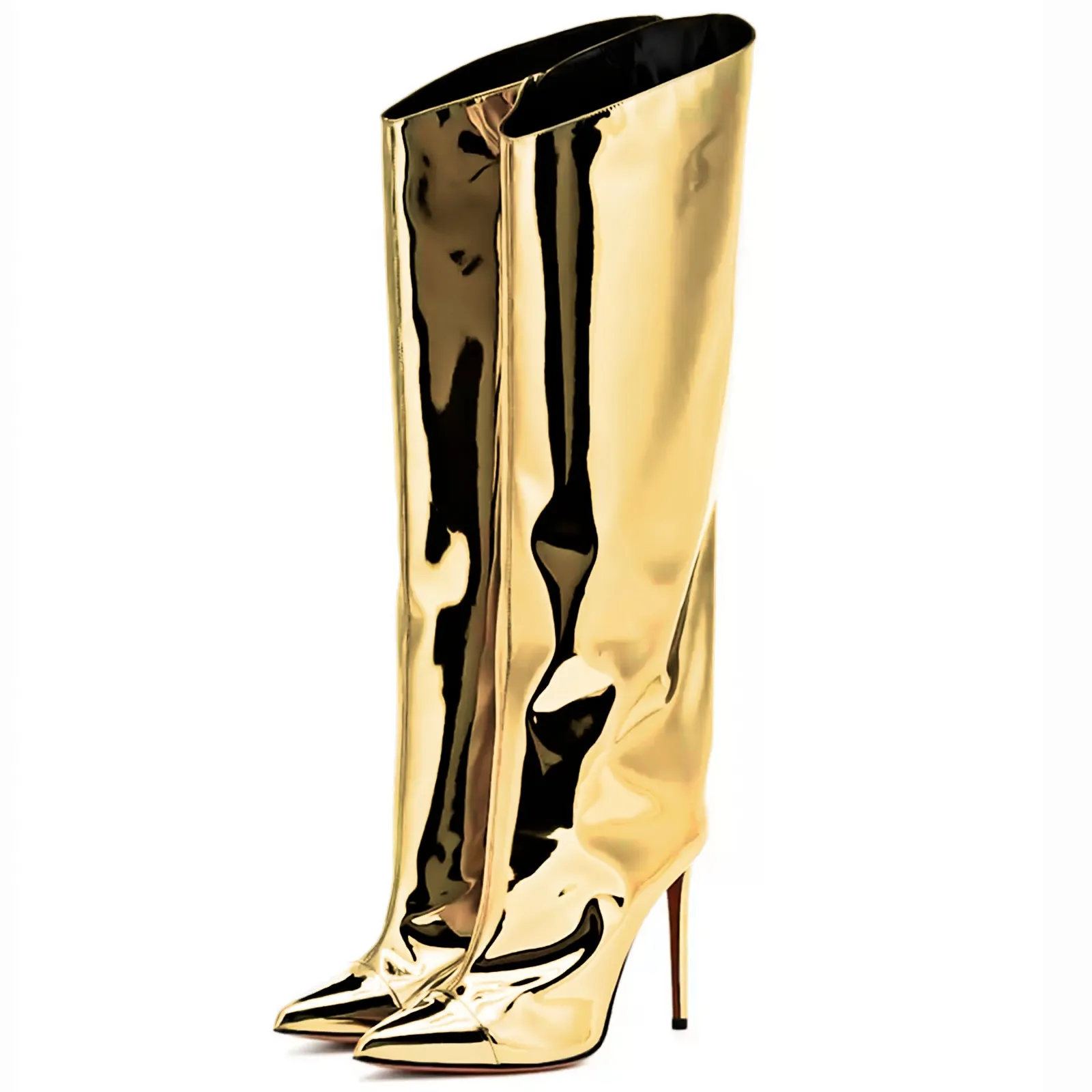 Metallic Leather Pointed Toe Knee-high Boots