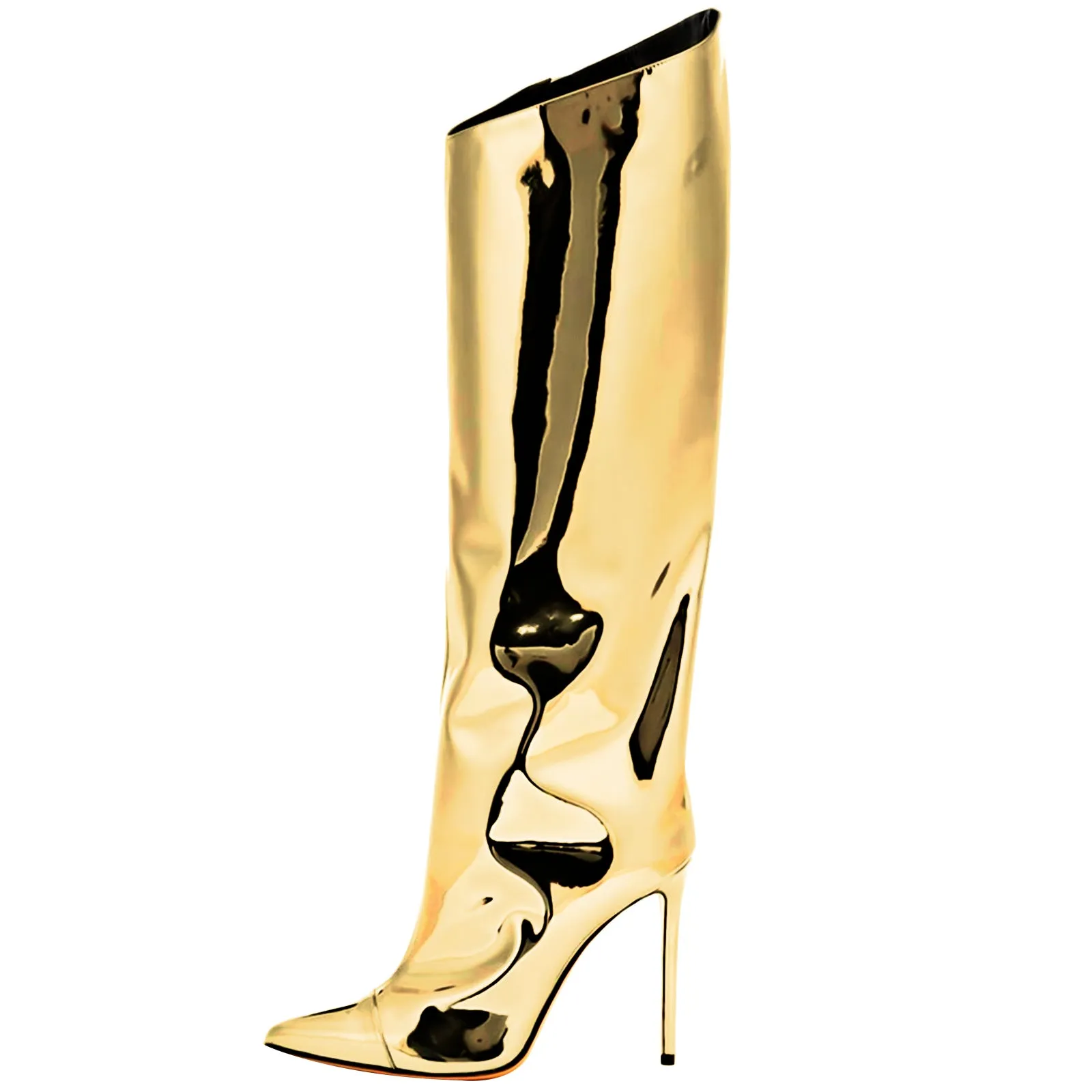 Metallic Leather Pointed Toe Knee-high Boots
