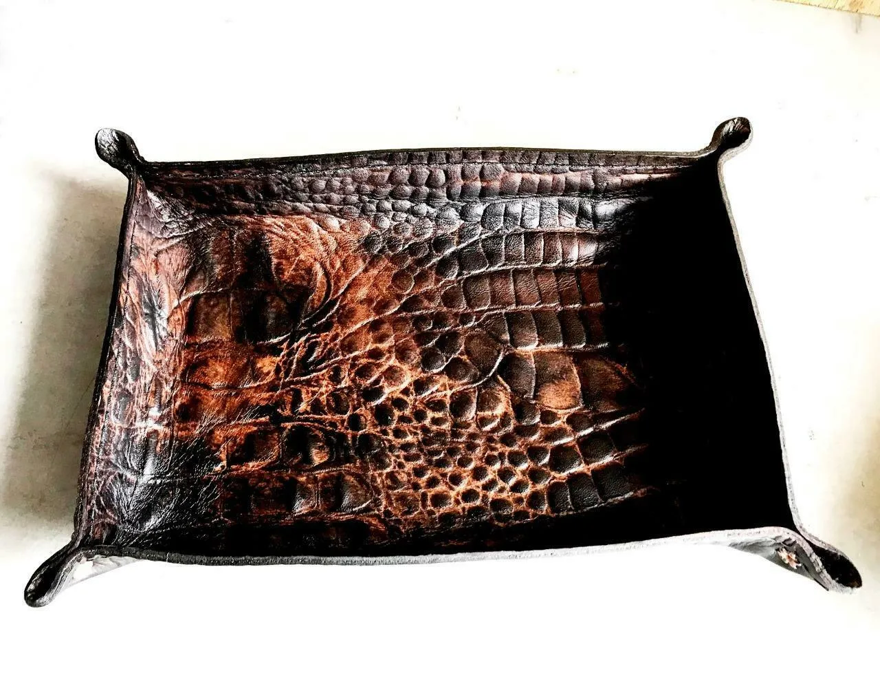 Mother Road Customs Antique Brown Alligator Leather Tray Coin Valet Pocket Dump