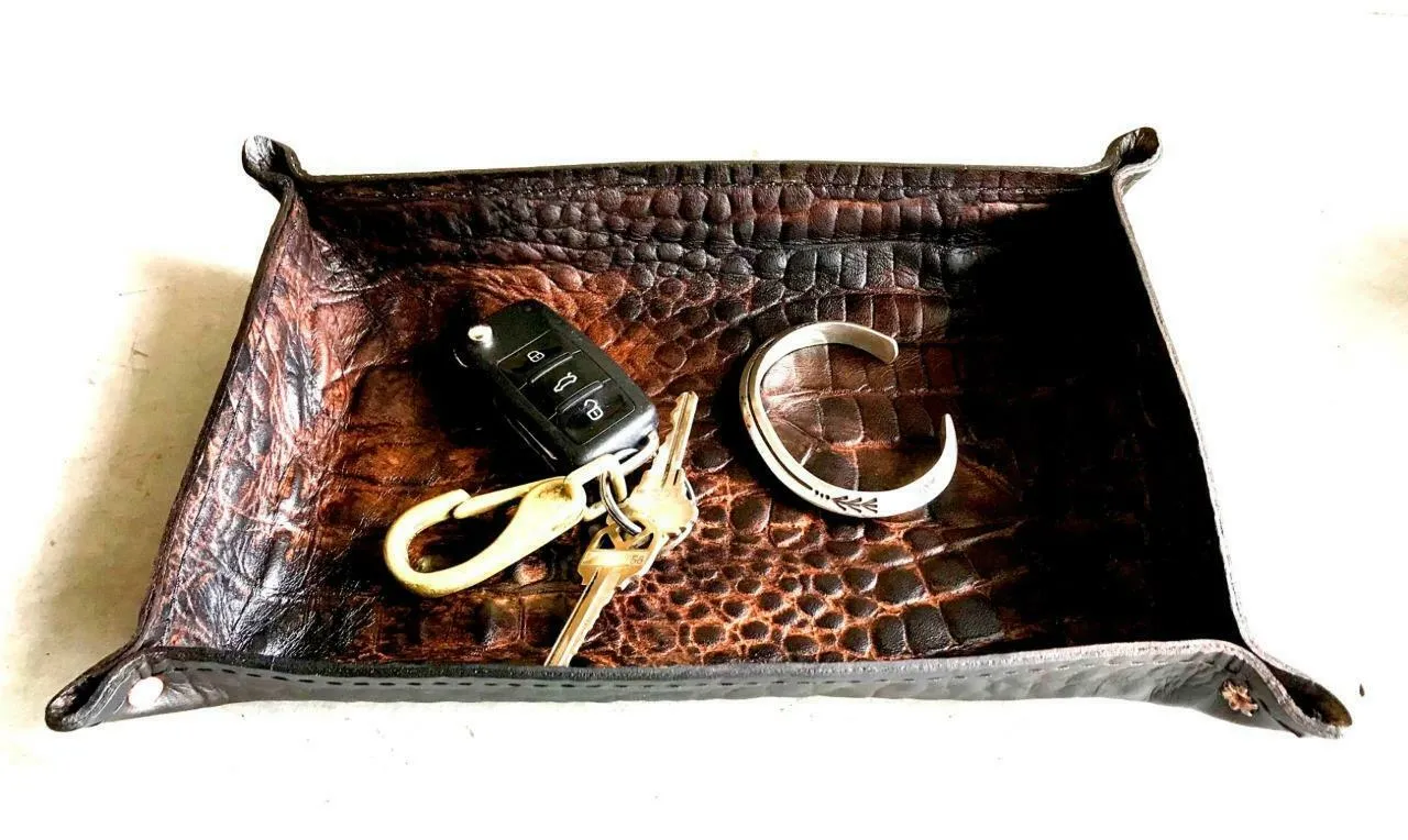 Mother Road Customs Antique Brown Alligator Leather Tray Coin Valet Pocket Dump