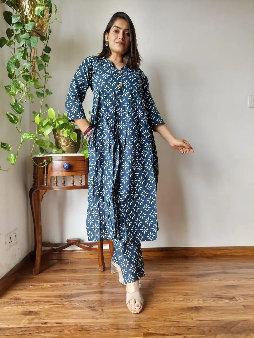 Navy Blue Floral Bagru Print Naira Cut Office Suit Set