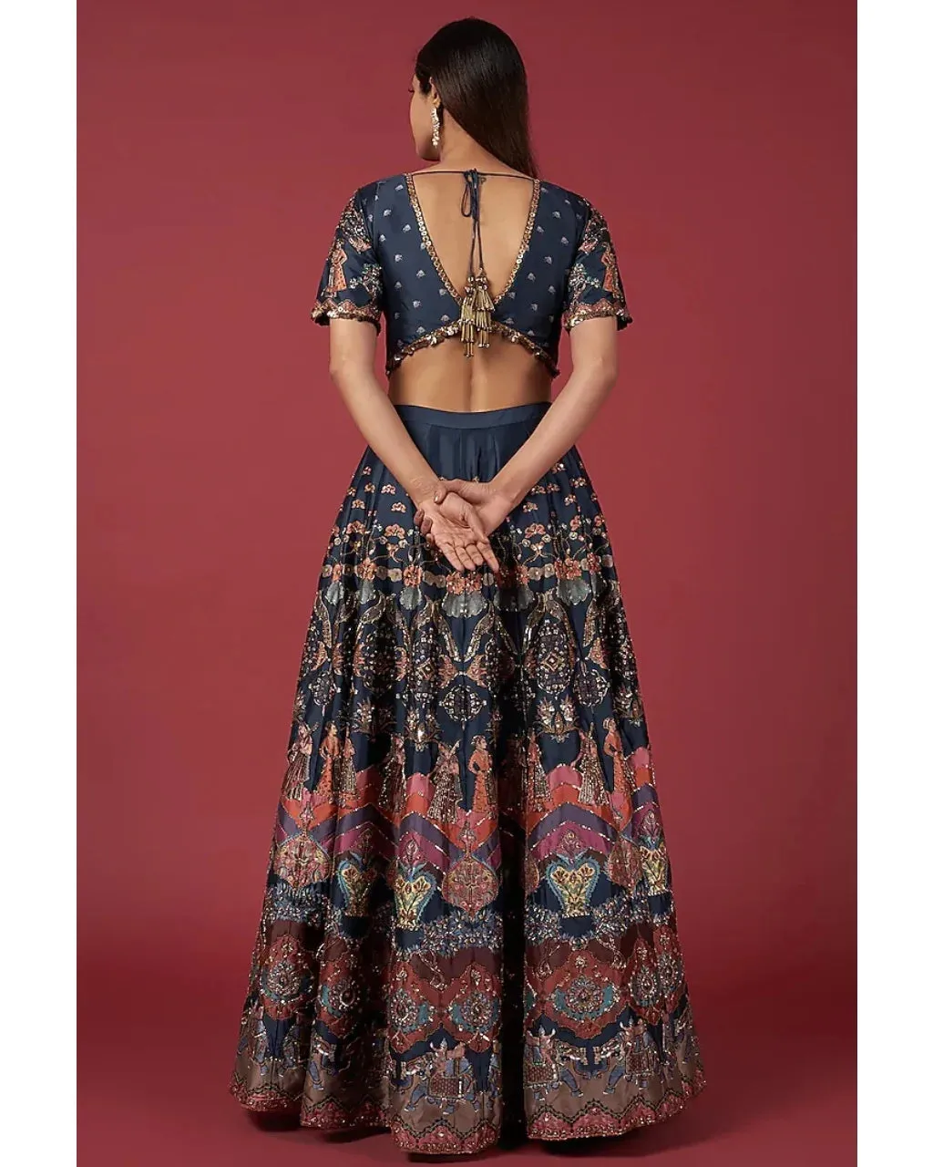 Navy Blue Taffeta Embroidered Lehenga Set
