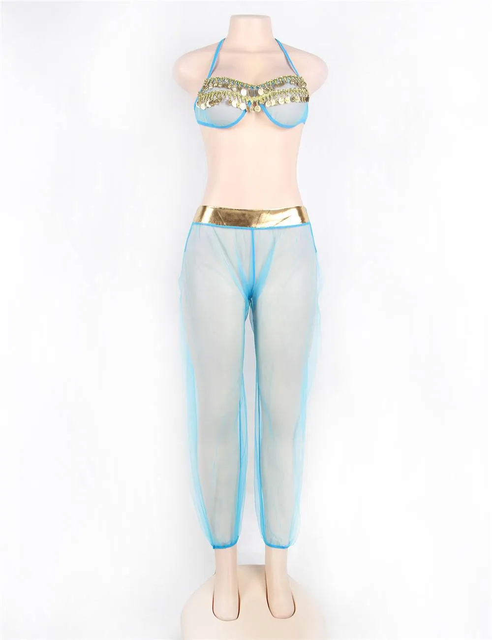New Blue India Style Sexy Bralette Lingerie Set With Golden Paillette