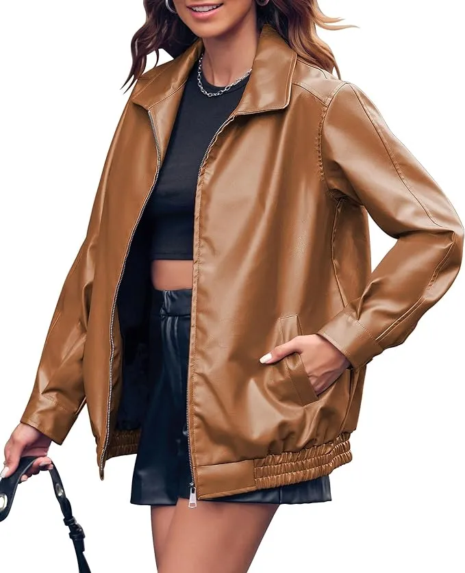 New Miladusa Womens Oversized Leather Jackets Faux Casual Zip Up Trendy Bomber Motorcycle Jacket with Pockets Brown, Sz M! Retails $87 