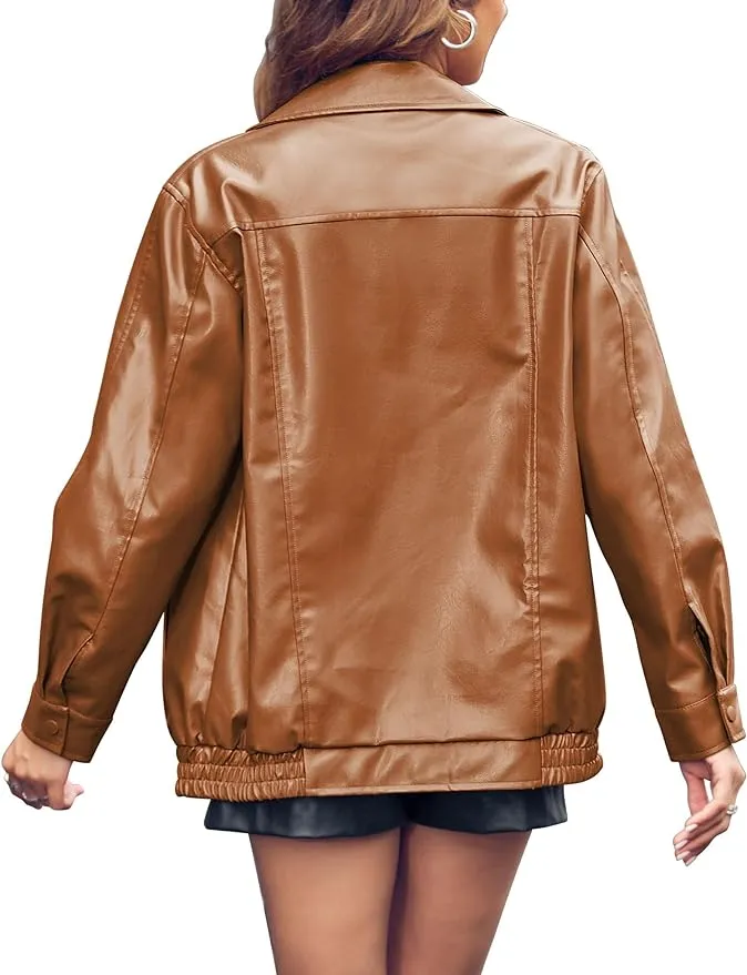 New Miladusa Womens Oversized Leather Jackets Faux Casual Zip Up Trendy Bomber Motorcycle Jacket with Pockets Brown, Sz M! Retails $87 