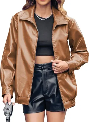 New Miladusa Womens Oversized Leather Jackets Faux Casual Zip Up Trendy Bomber Motorcycle Jacket with Pockets Brown, Sz M! Retails $87 