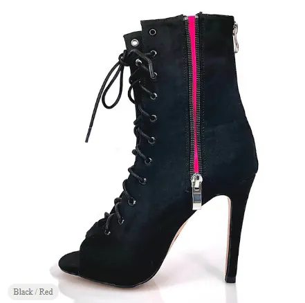 NEW Retails $135, Women's Dance Boots Tango Shoes Professional Ballroom Dance Samba Sexy Boots Lace Up Heel Splicing Slim High Heel Peep Toe Zipper Adult, Pink/Black, Sz 7