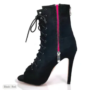 NEW Retails $135, Women's Dance Boots Tango Shoes Professional Ballroom Dance Samba Sexy Boots Lace Up Heel Splicing Slim High Heel Peep Toe Zipper Adult, Pink/Black, Sz 7