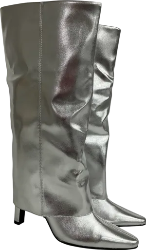 Next Metallic Silver Forever Comfort® Knee High Cuffed Boots UK 4 EU 37 👠