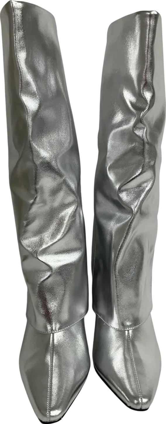 Next Metallic Silver Forever Comfort® Knee High Cuffed Boots UK 4 EU 37 👠