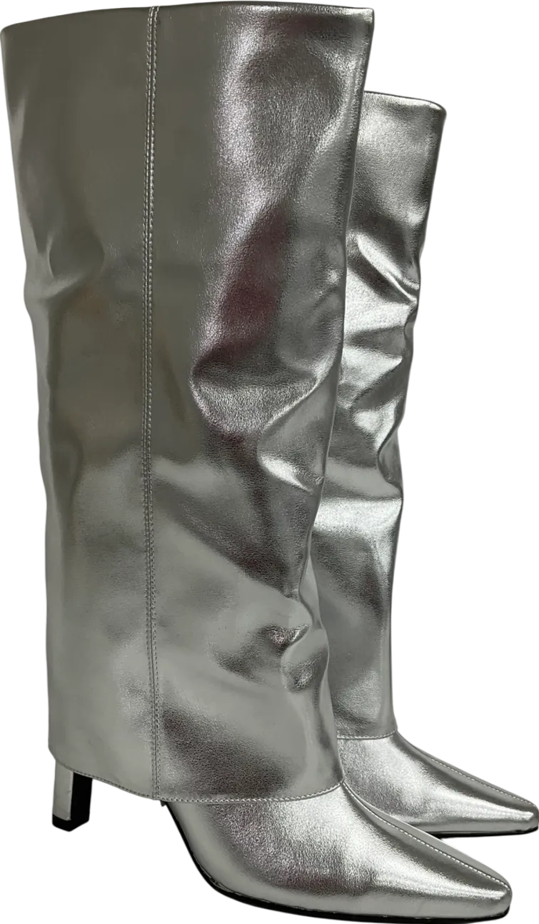 Next Metallic Silver Forever Comfort® Knee High Cuffed Boots UK 4 EU 37 👠