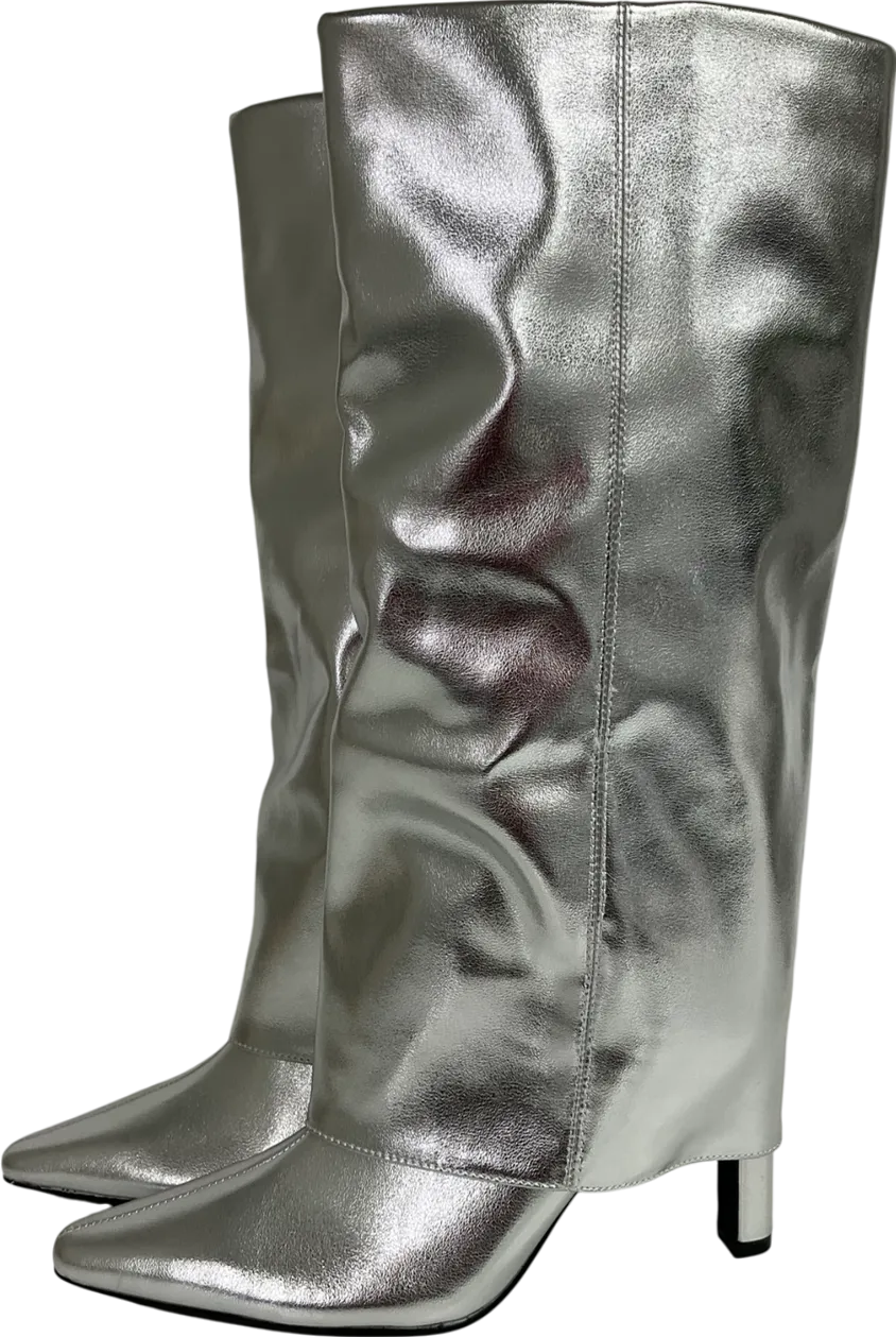 Next Metallic Silver Forever Comfort® Knee High Cuffed Boots UK 4 EU 37 👠
