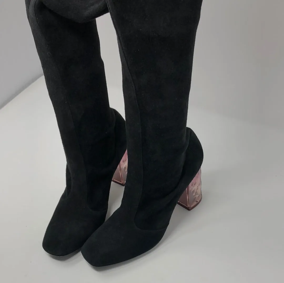 Nicholas Kirkwood Black Suede Knee High Boots with Clear Pink Acrylic Heel