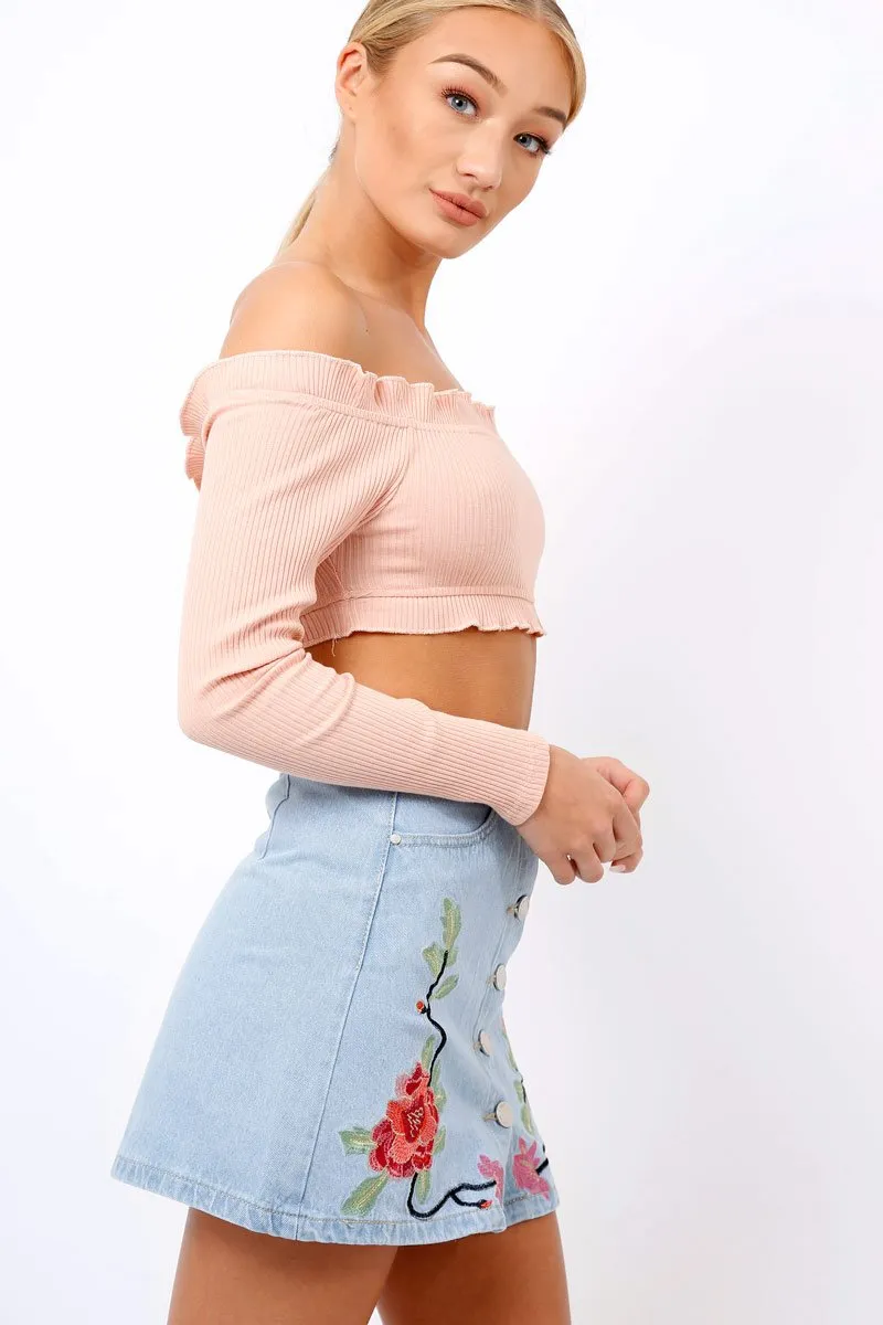 Nude Ribbed Frill Bardot Crop Top - Cassidy