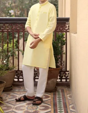 Pakistani designer boys kurta in lemon yellow color # K2306