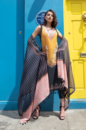 Pakistani lawn dress 2020 online in elegant black and mustard color # E2220