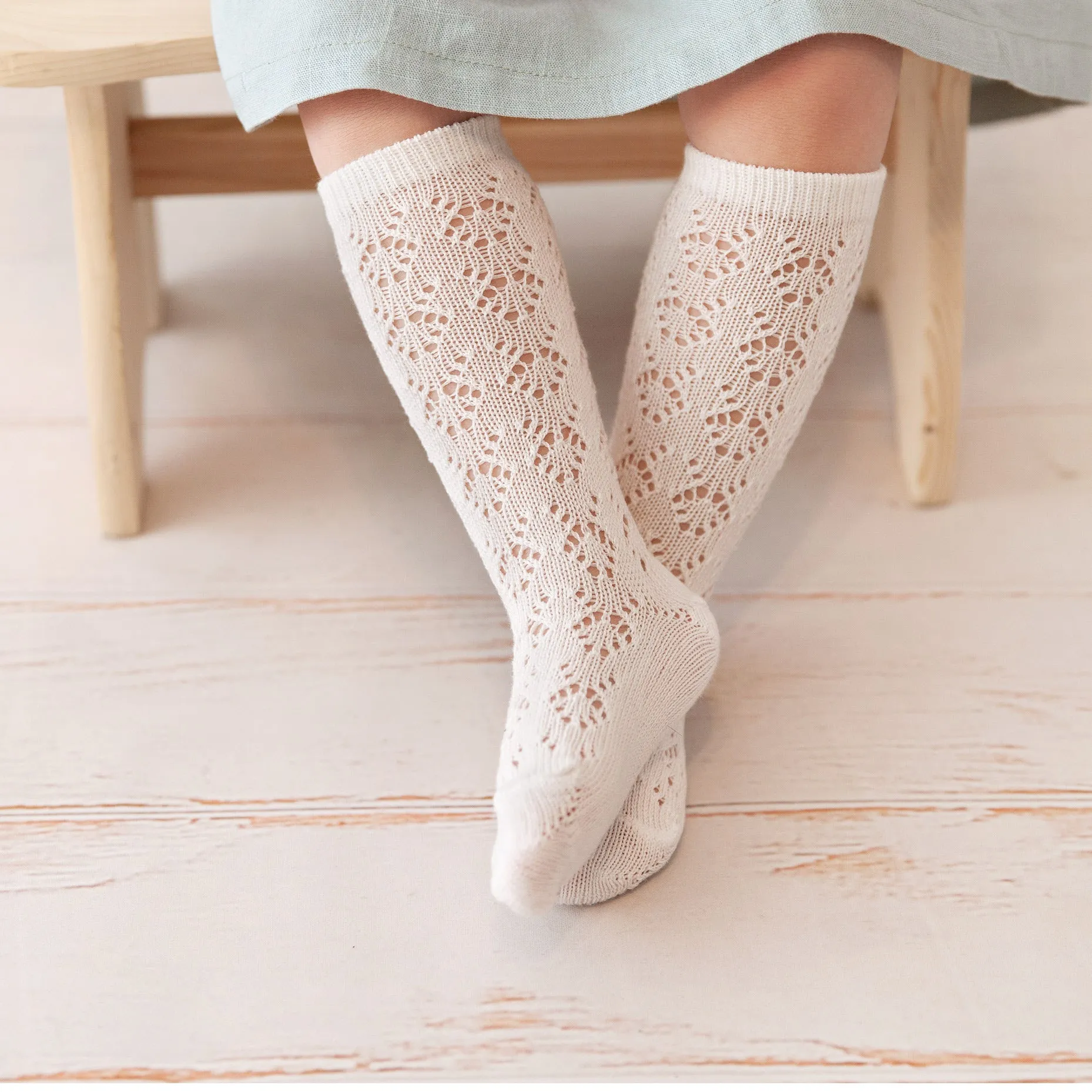Perle Openwork Knee Socks, Cream