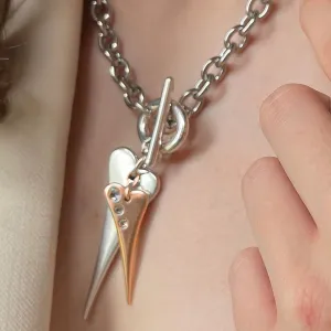 Pointed Heart & Crystal Heart Chunky Necklace, Silver & Rose Gold