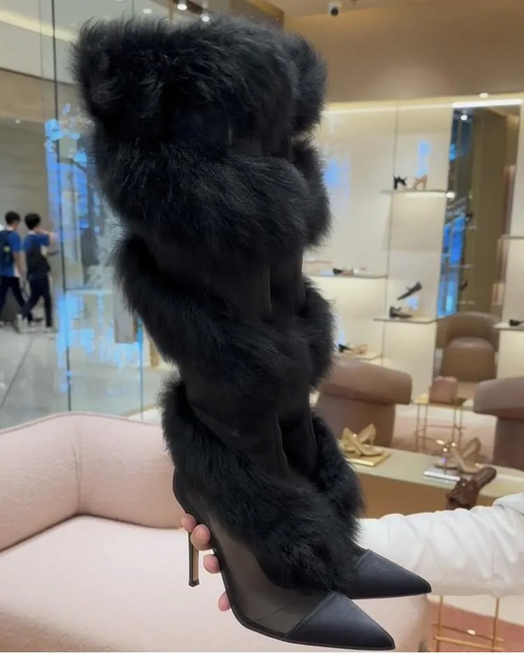 Pointed toe stiletto furry boots