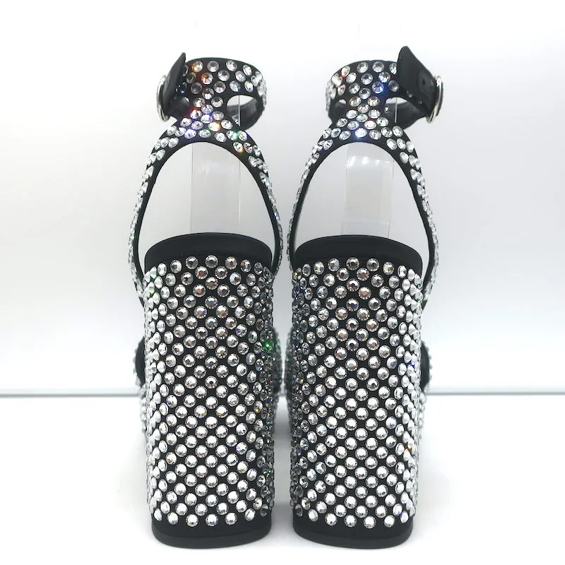 Prada Crystal-Embellished Platform Sandals Black Satin Size 36 Ankle Strap Heels