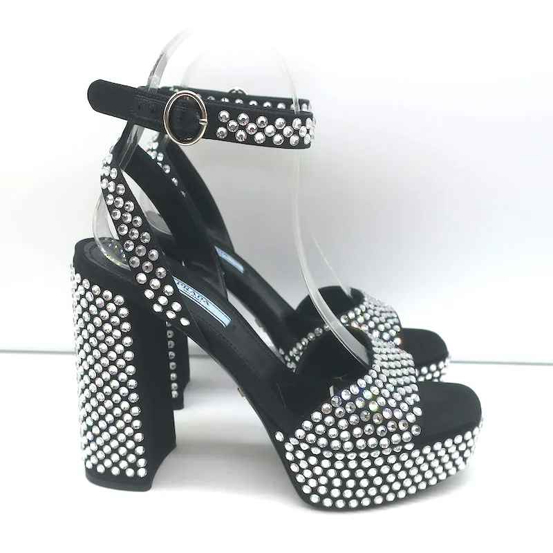 Prada Crystal-Embellished Platform Sandals Black Satin Size 36 Ankle Strap Heels