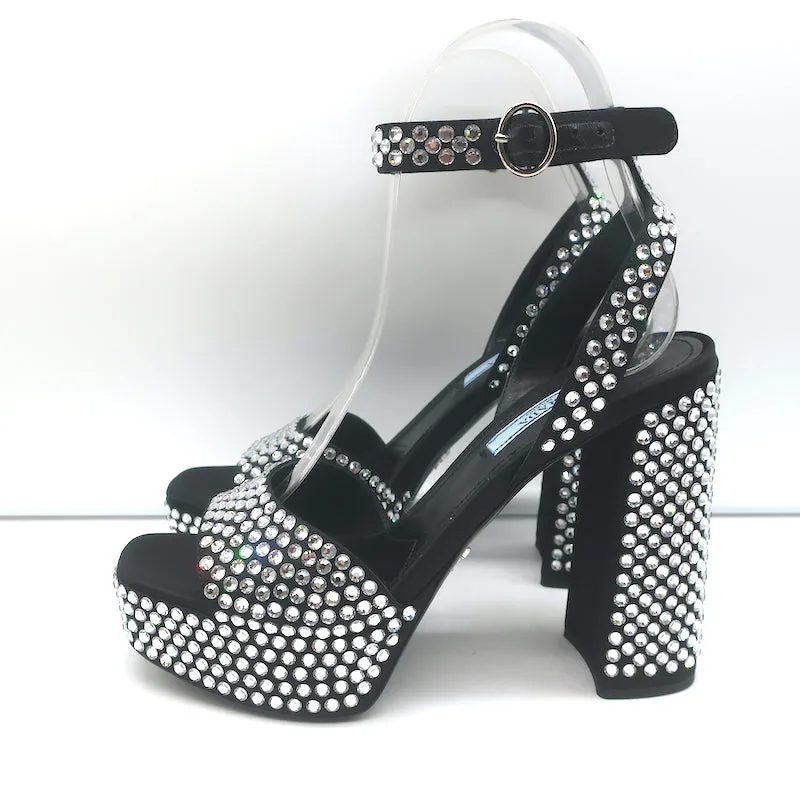 Prada Crystal-Embellished Platform Sandals Black Satin Size 36 Ankle Strap Heels