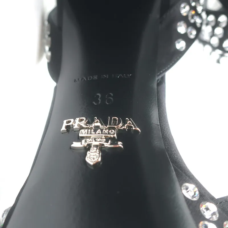 Prada Crystal-Embellished Platform Sandals Black Satin Size 36 Ankle Strap Heels