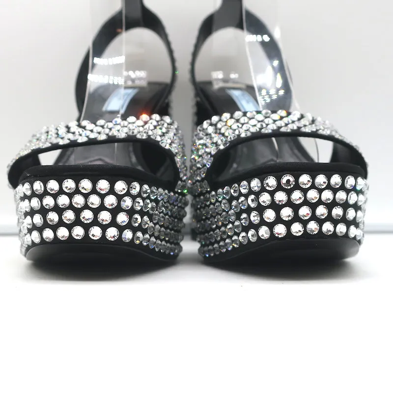 Prada Crystal-Embellished Platform Sandals Black Satin Size 36 Ankle Strap Heels