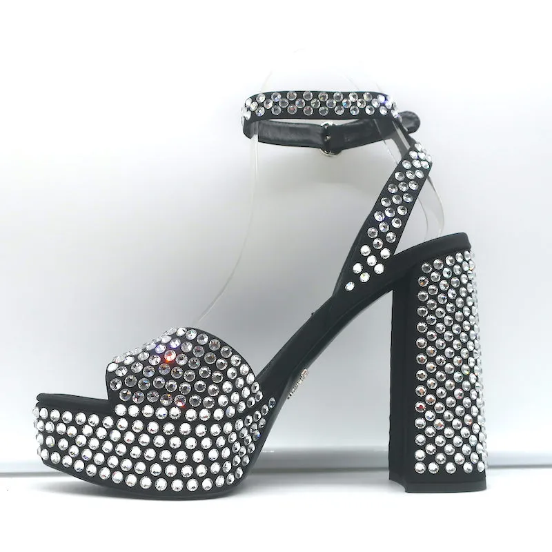 Prada Crystal-Embellished Platform Sandals Black Satin Size 36 Ankle Strap Heels