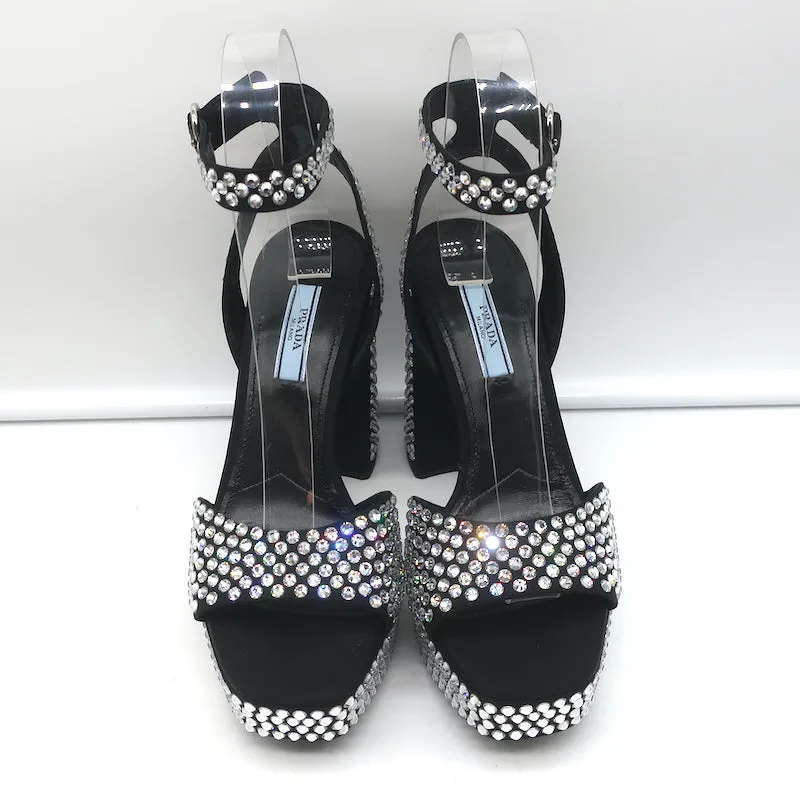 Prada Crystal-Embellished Platform Sandals Black Satin Size 36 Ankle Strap Heels