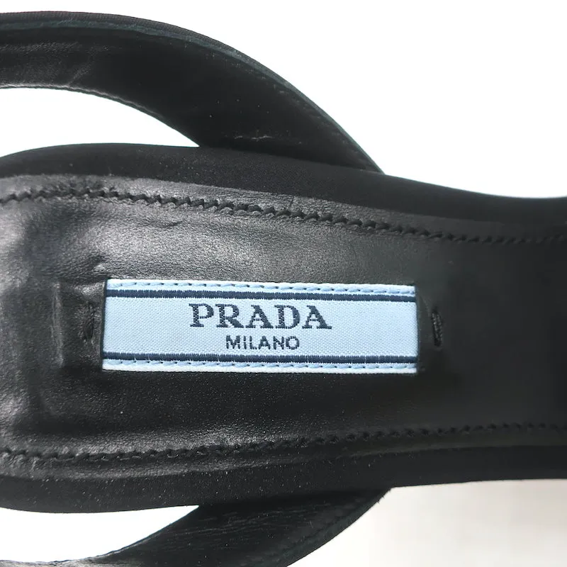 Prada Crystal-Embellished Platform Sandals Black Satin Size 36 Ankle Strap Heels