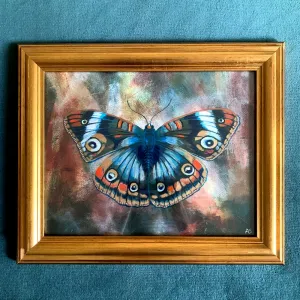 "Teal & Rust Butterfly" Embellished Fine Art Print in Vintage Frame, 11x14