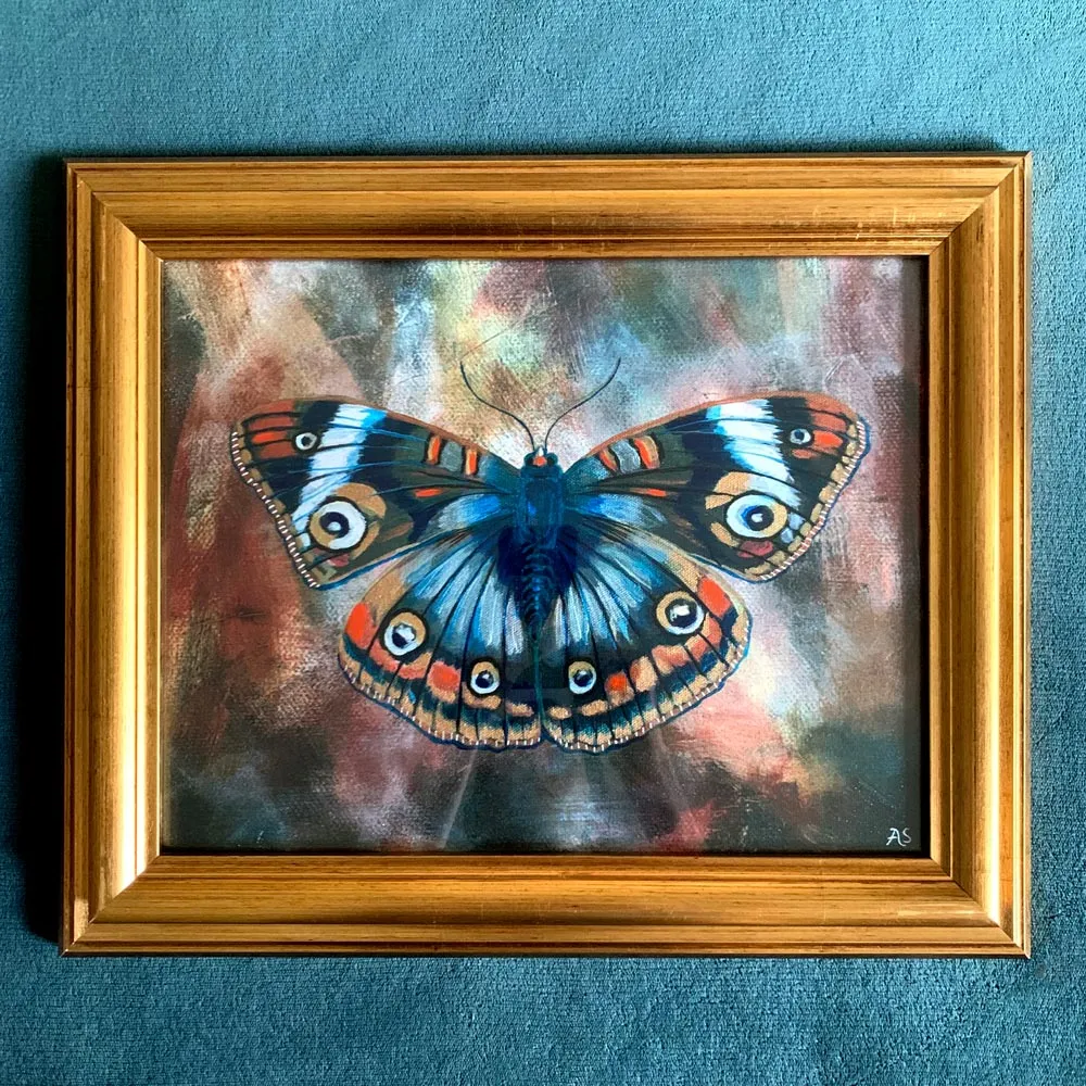 "Teal & Rust Butterfly" Embellished Fine Art Print in Vintage Frame, 11x14