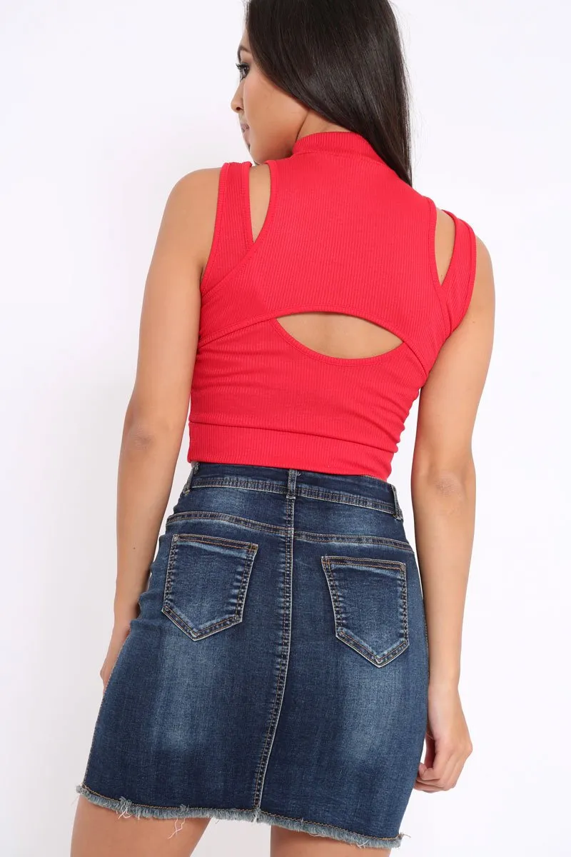 Red High Neck Cut Out Ribbed Crop Top - Jessica