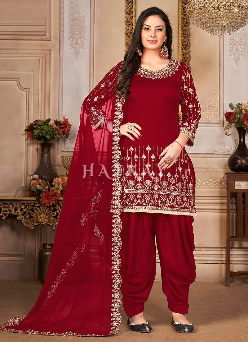Red Mirror Work Embroidered Patiala Salwar Suit