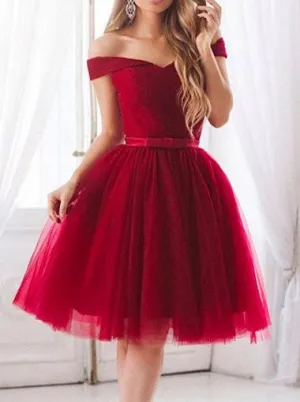 Red Off Shoulder Short Sleeve Tulle Homecoming Dresses With Bowknot