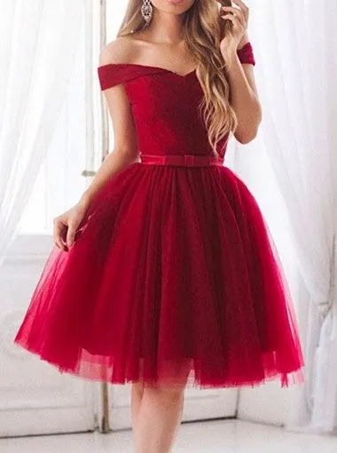 Red Off Shoulder Short Sleeve Tulle Homecoming Dresses With Bowknot
