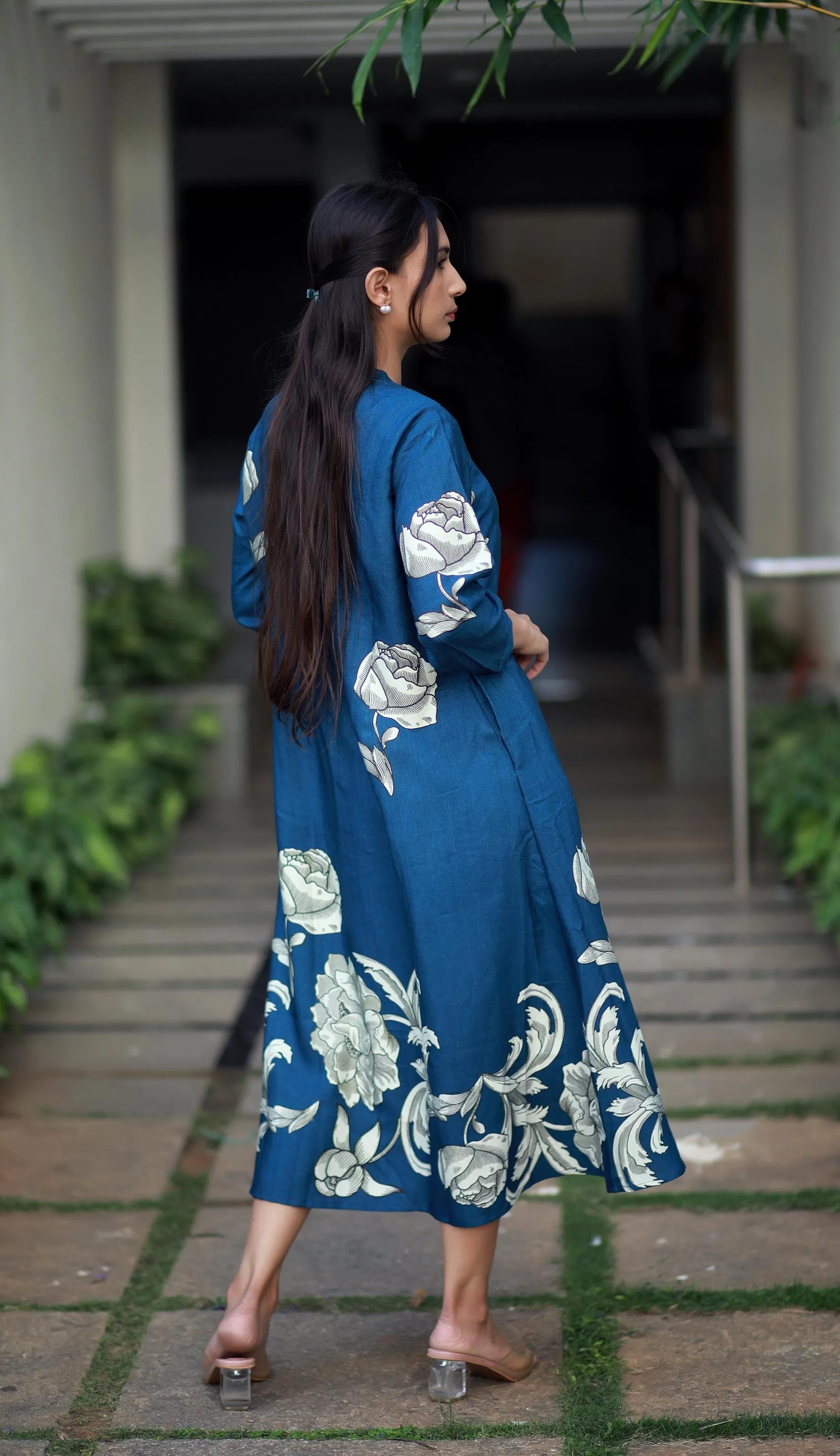 Regal Luxe Indigo Blue Round Neck Staple Silk One-piece With Pleats And Rose Print Kurta/ Dress