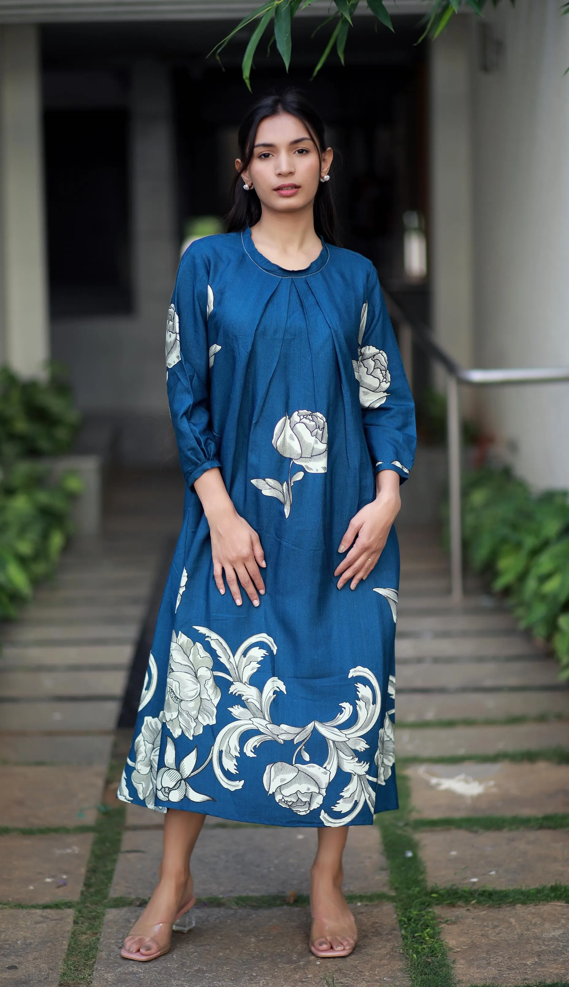 Regal Luxe Indigo Blue Round Neck Staple Silk One-piece With Pleats And Rose Print Kurta/ Dress