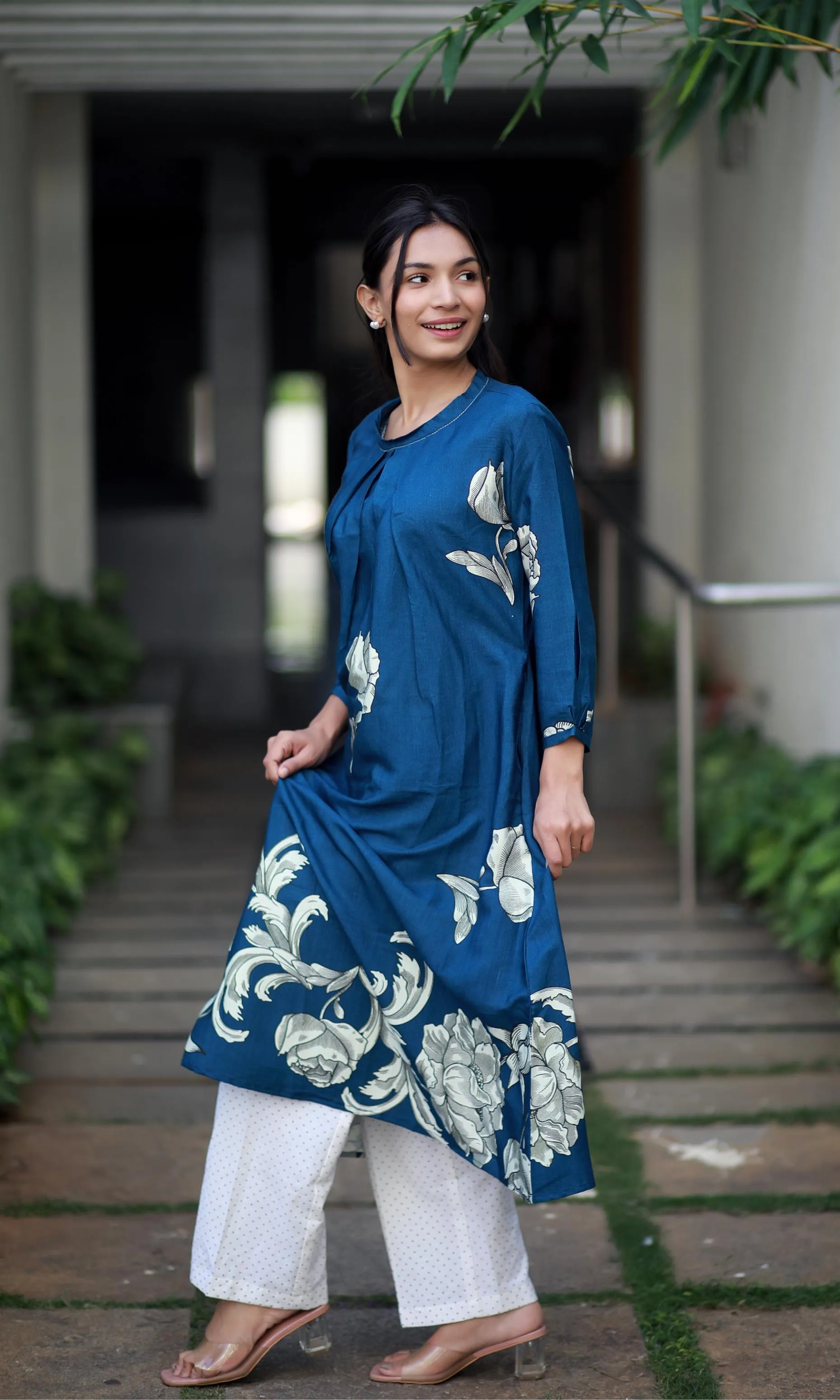 Regal Luxe Indigo Blue Round Neck Staple Silk One-piece With Pleats And Rose Print Kurta/ Dress